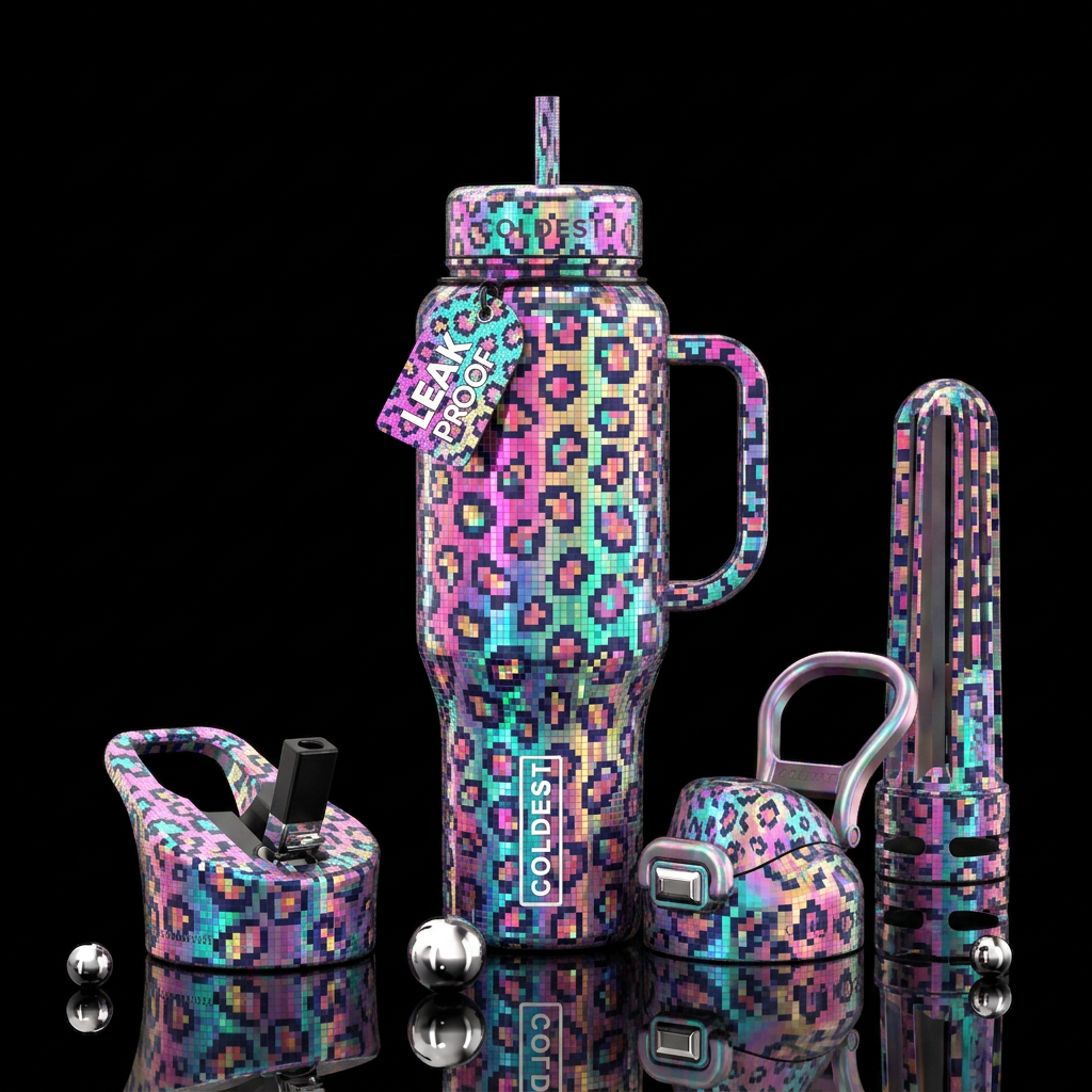 leopard,pixel art, holographic, hologram water bottle design