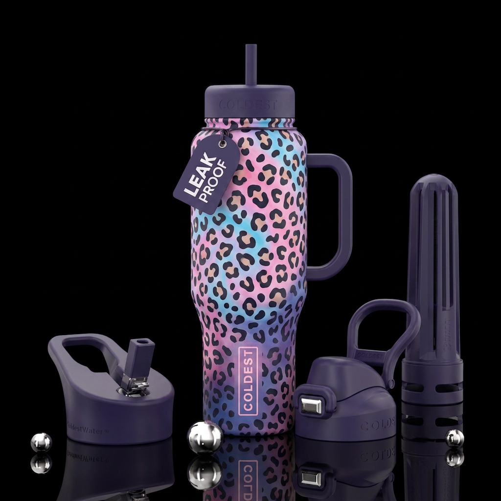 , cotton candy, leopard water bottle design