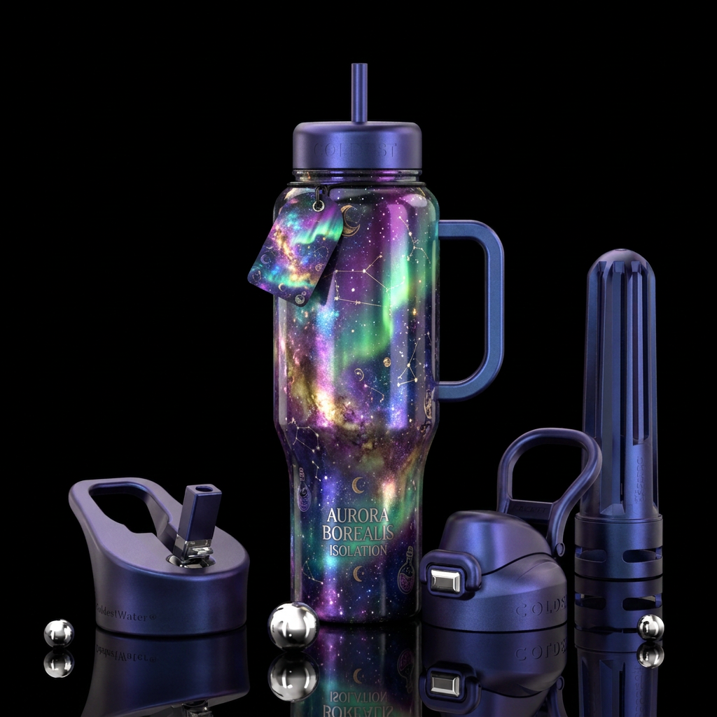magical, witchy, Aurora,, galaxy water bottle design