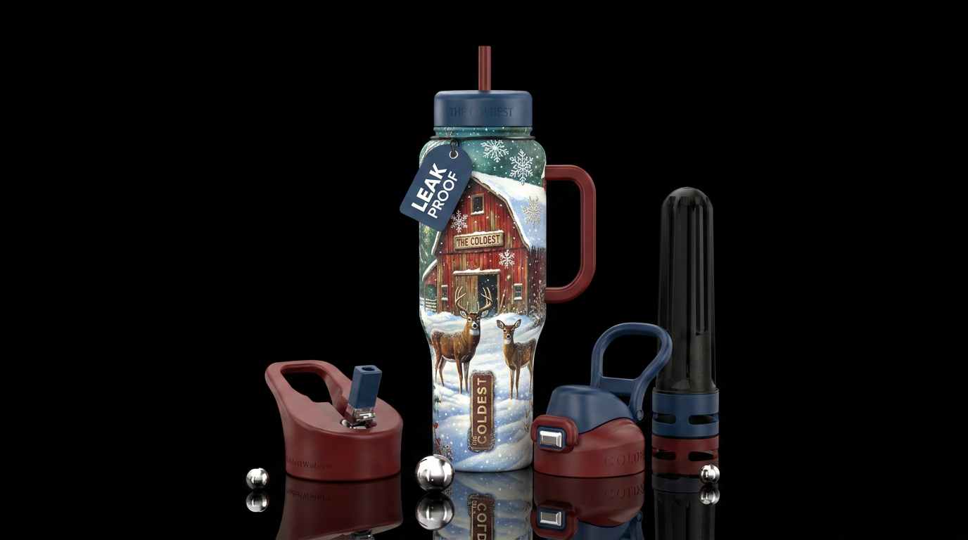 Snowflack, old Barn, deer, snow water bottle design