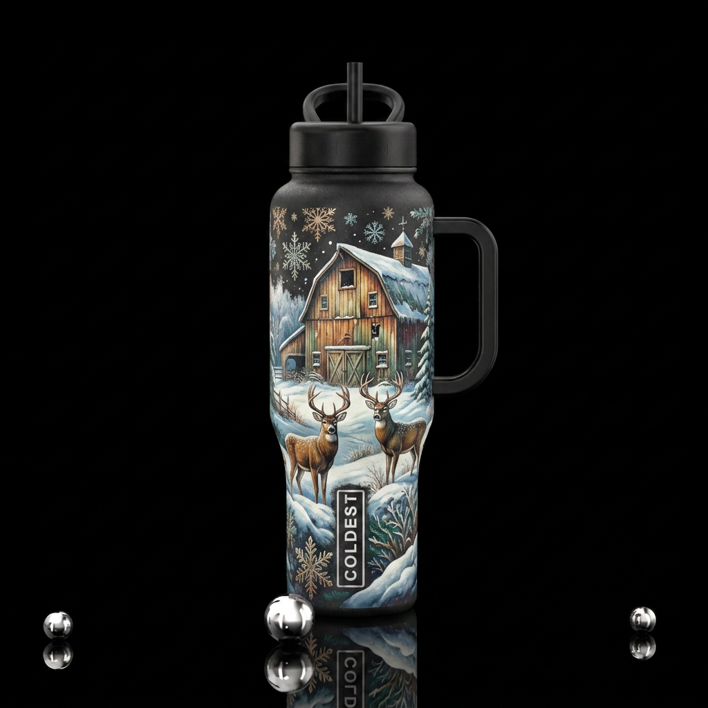 Snowflack, old Barn, deer, snow water bottle design