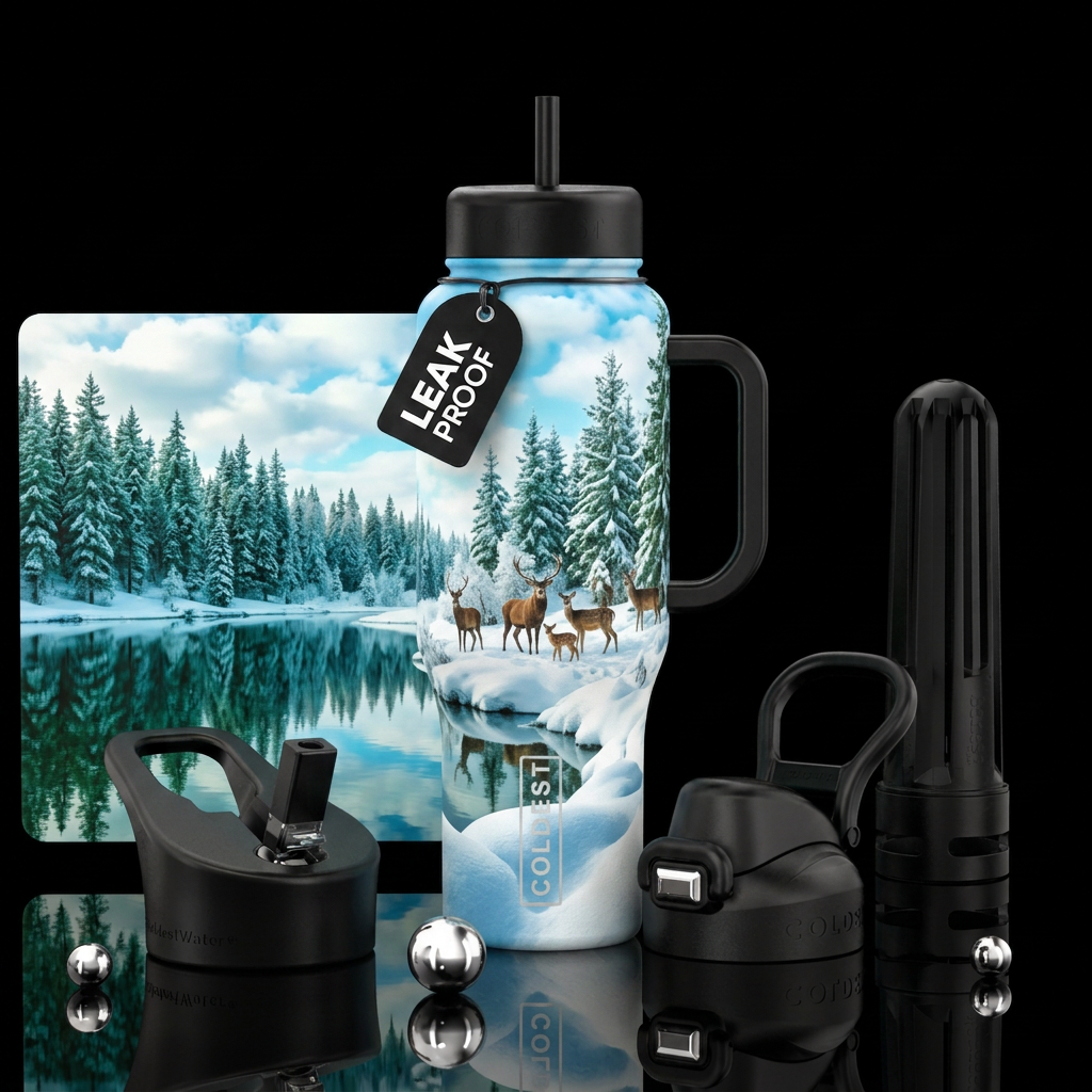 trees, lake, clouds, snow wonderland, deer water bottle design