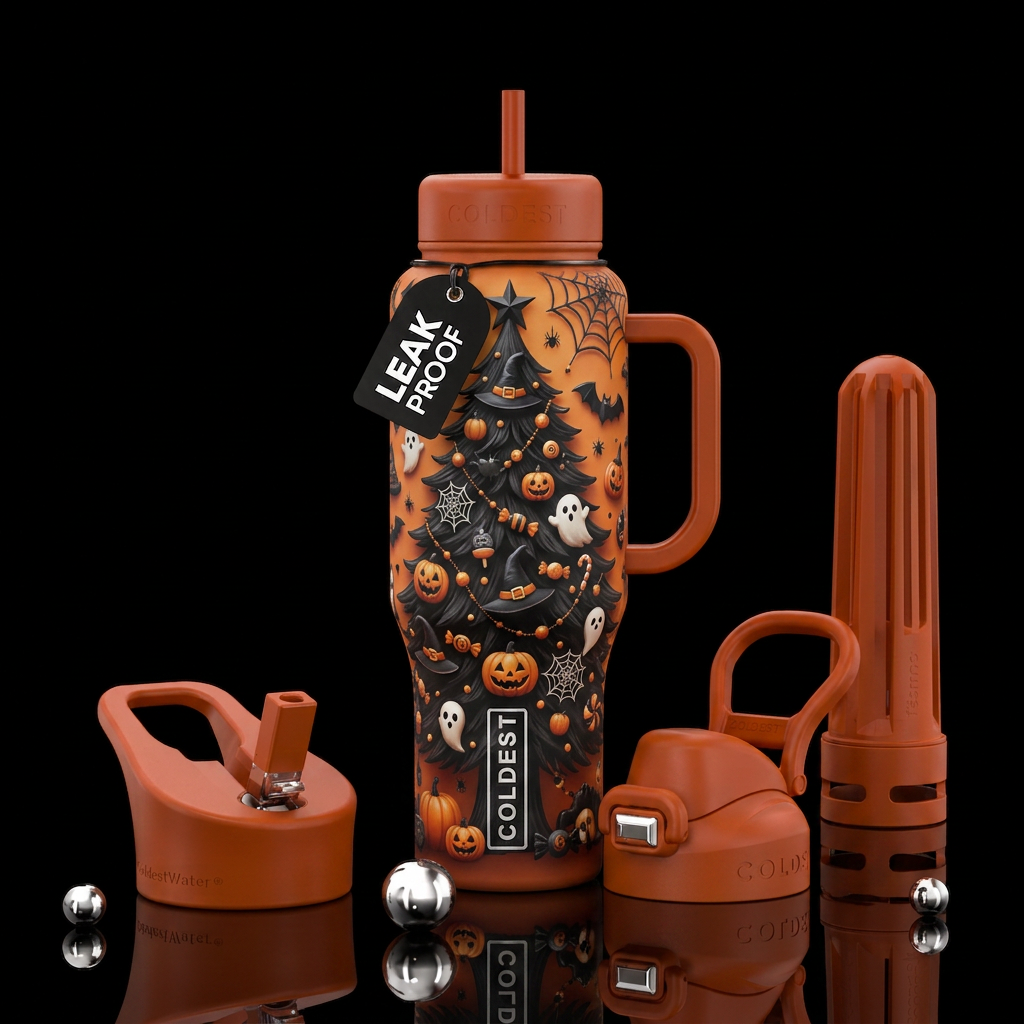 Black Christmas tree with Halloween decorations water bottle design