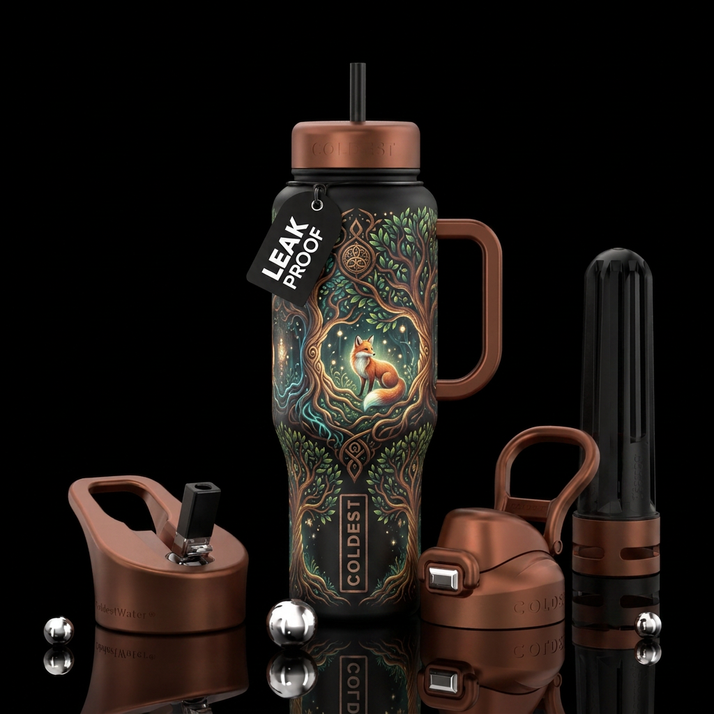 beautiul, magical, mythical, trees, fox water bottle design