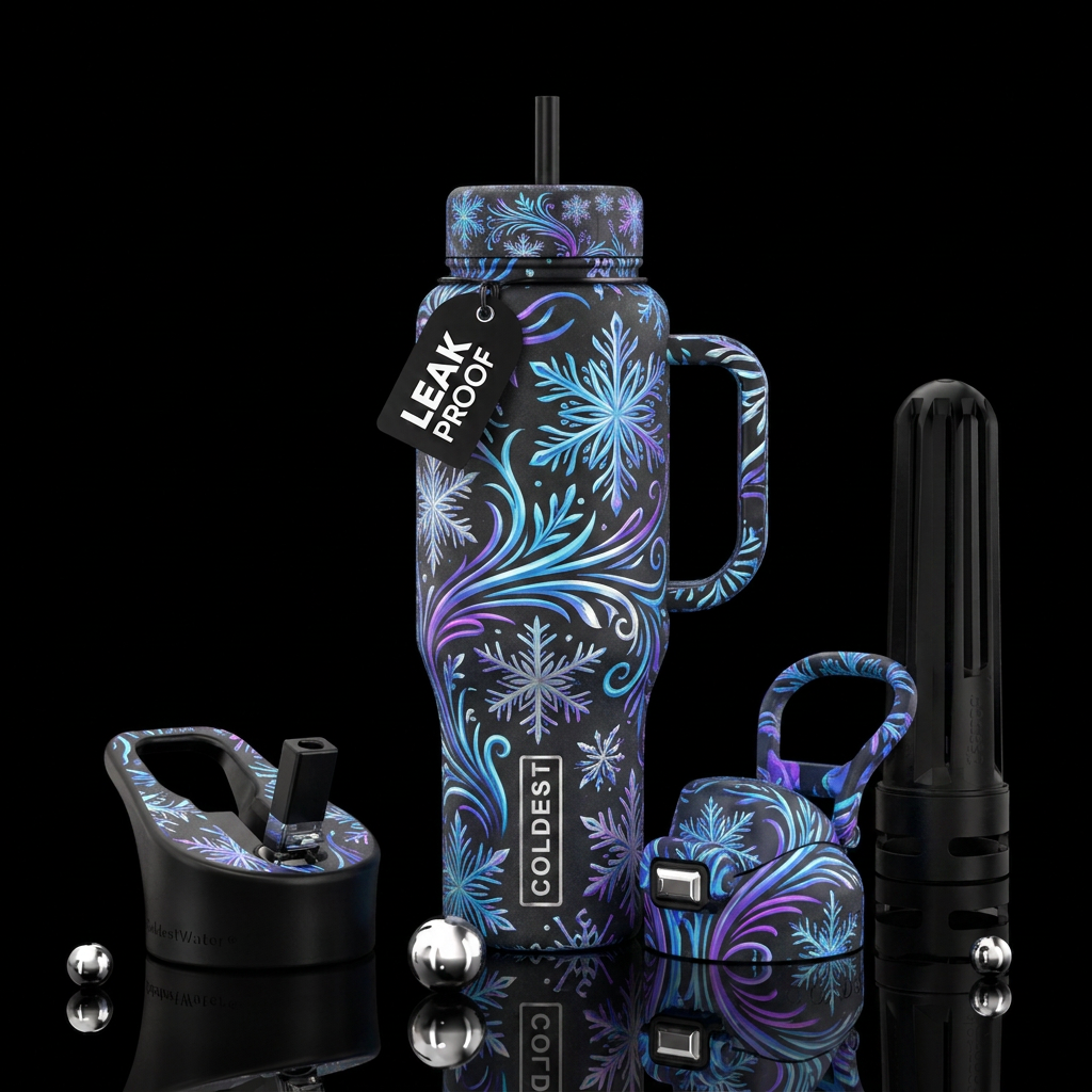 Snowflake,, vibrant, swirls water bottle design