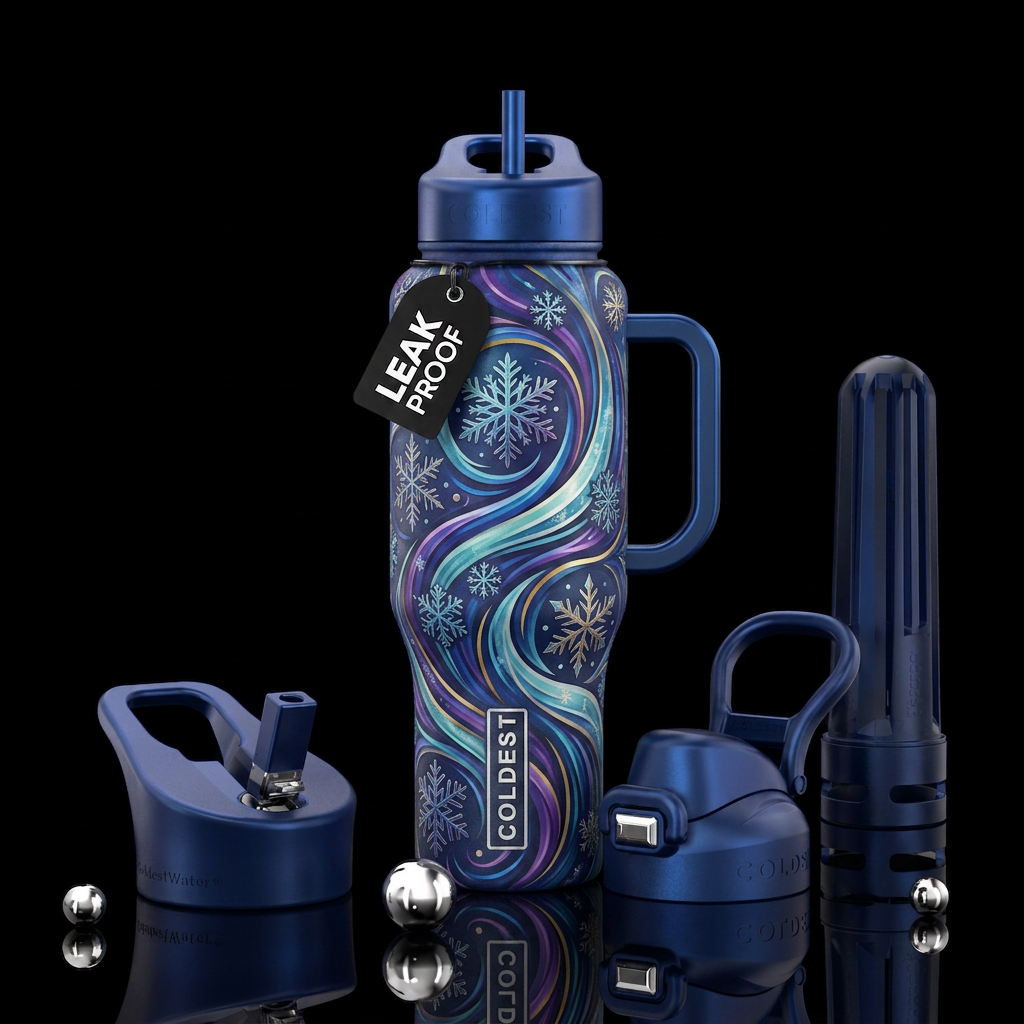 Snowflake,, vibrant, swirls water bottle design