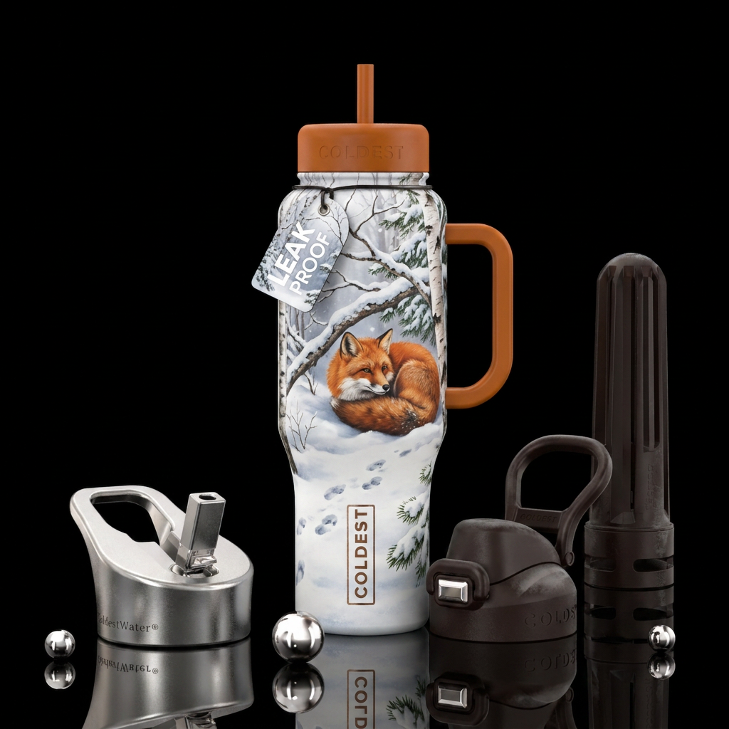 Trees, snowy woodland, fox water bottle design