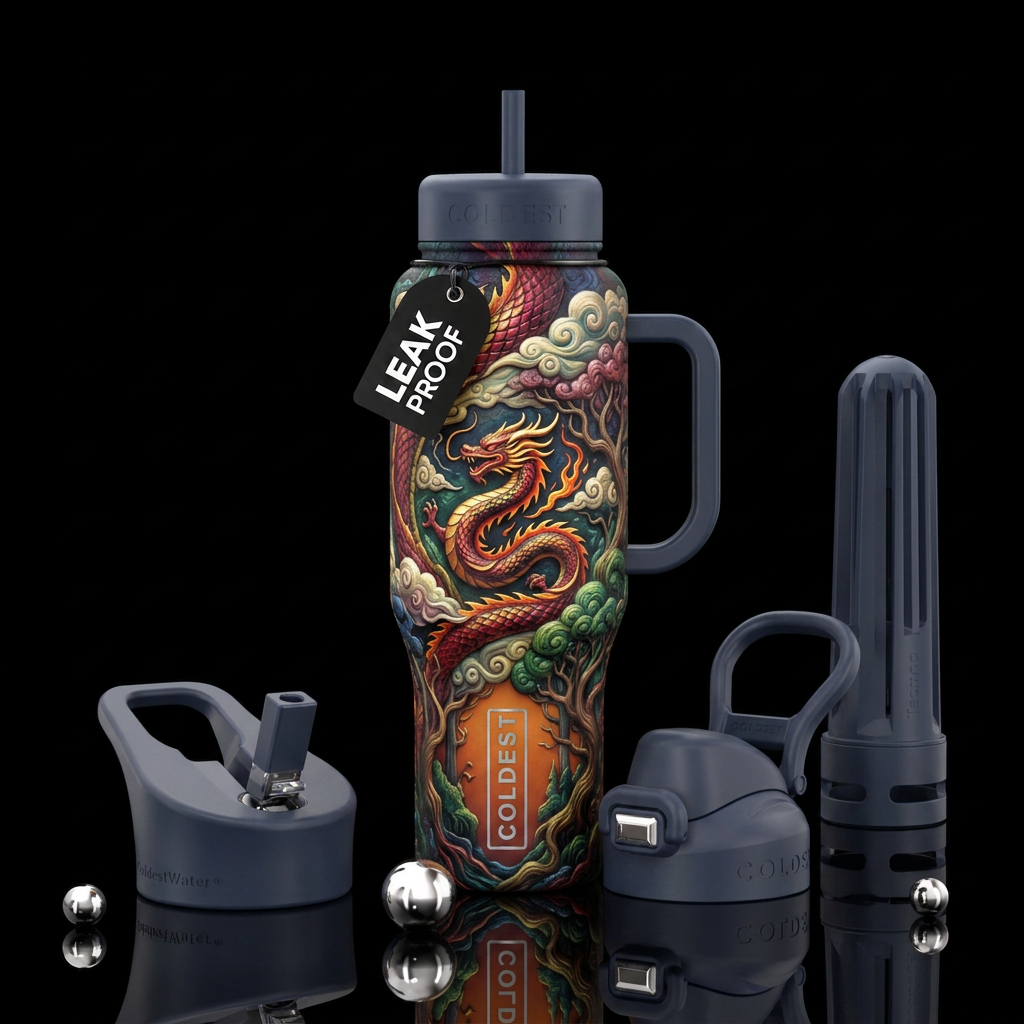 firery, whimsical, clouds, trees, dragon water bottle design
