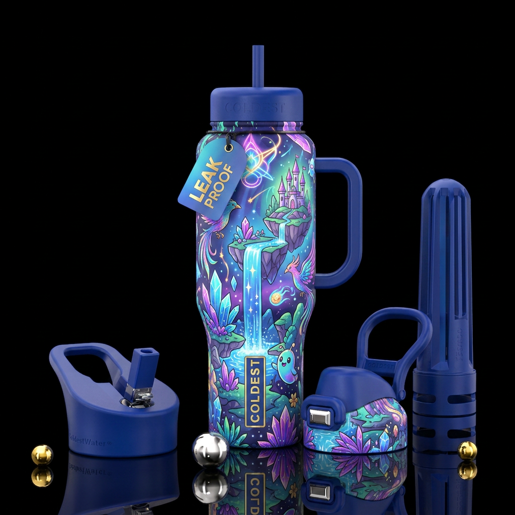 otherworldly, magical, cartoon water bottle design