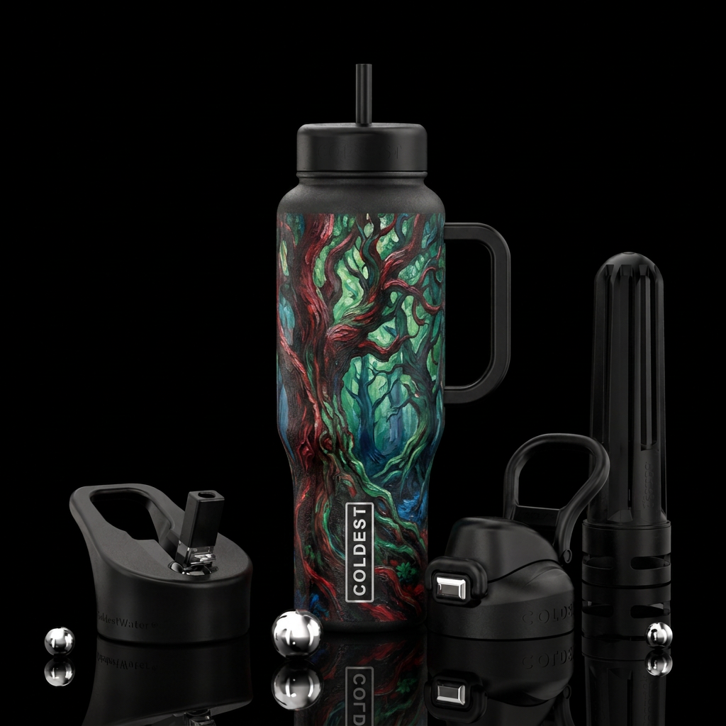 old, trees, magical, oil painted water bottle design