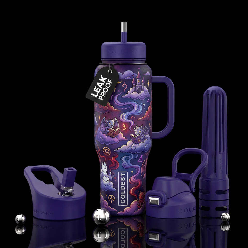 gothic, magical, clouds, smoke, cartoon water bottle design