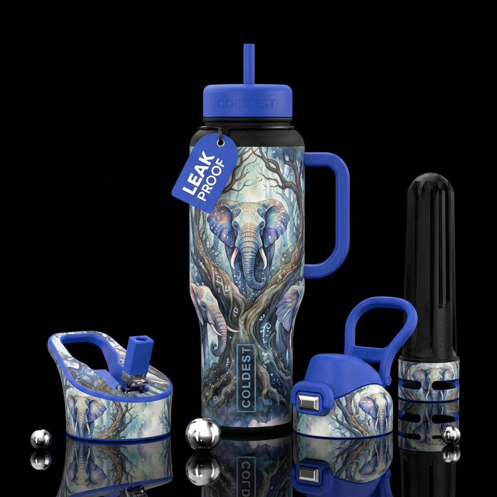 elephant, trees, magic, watercolor water bottle design