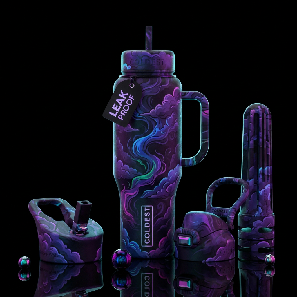 gothic, magical, clouds, smoke, cartoon water bottle design