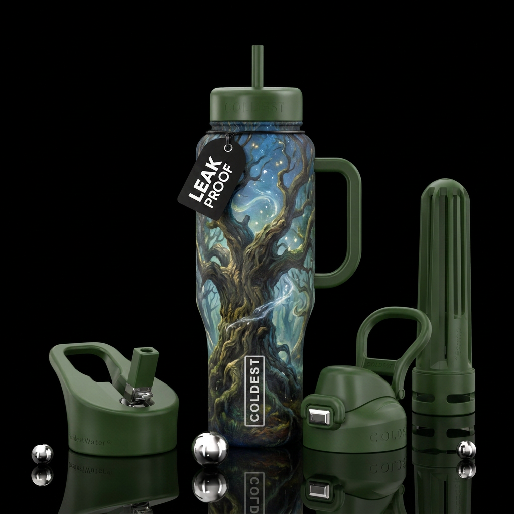 old, trees, magical, oil painted water bottle design