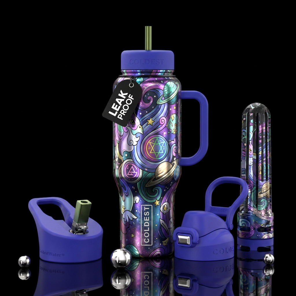 otherworldly, magical, cartoon water bottle design