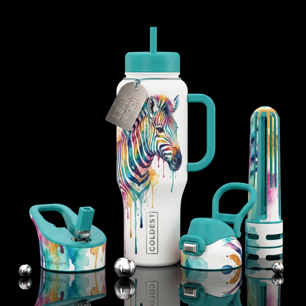 dripping, watercolor, zebra water bottle design