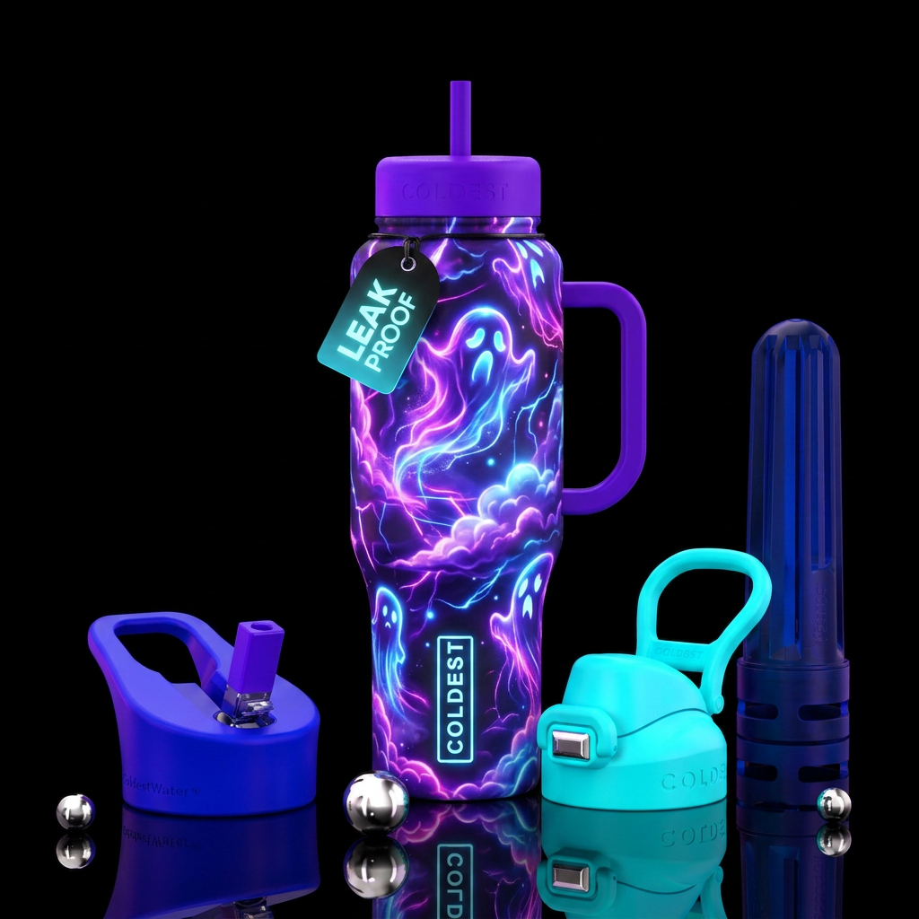 Ghost neon, clouds,  swirls water bottle design