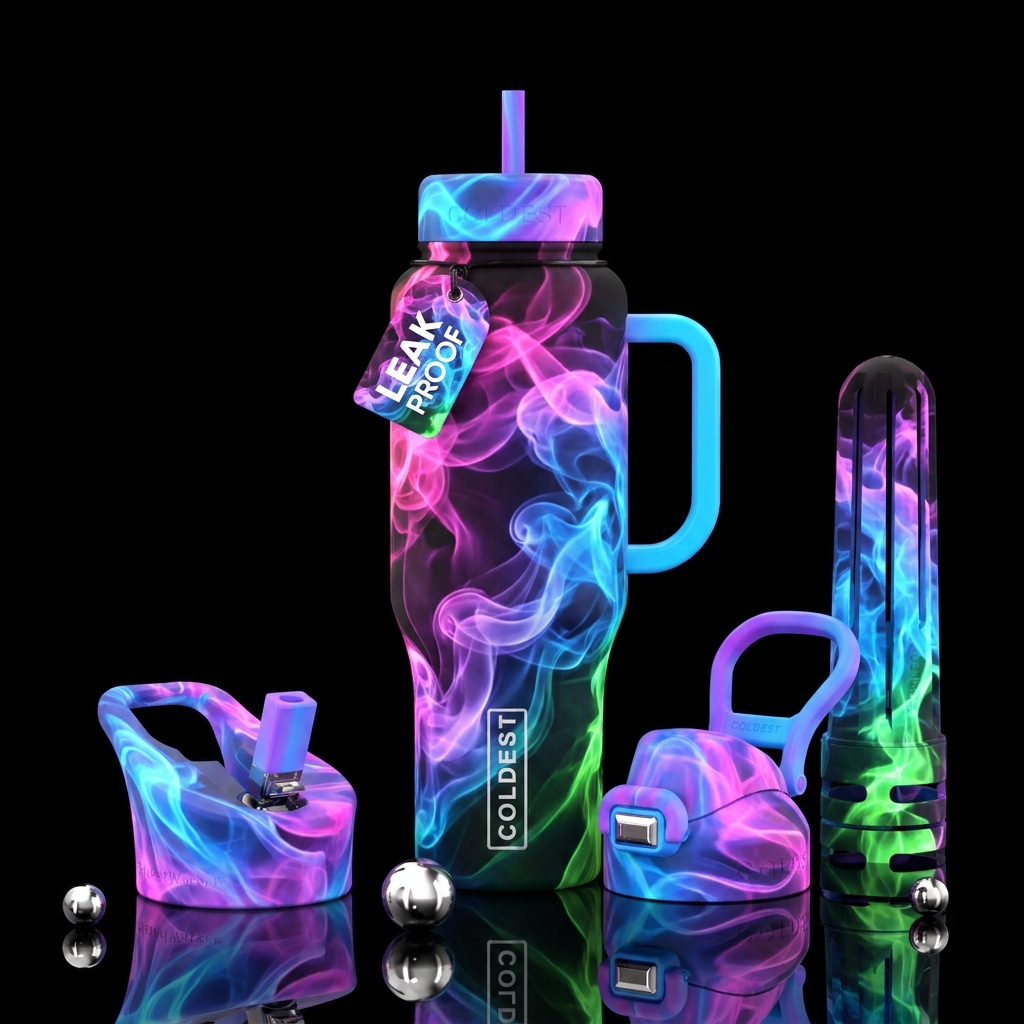 Ghost neon, clouds,  swirls water bottle design