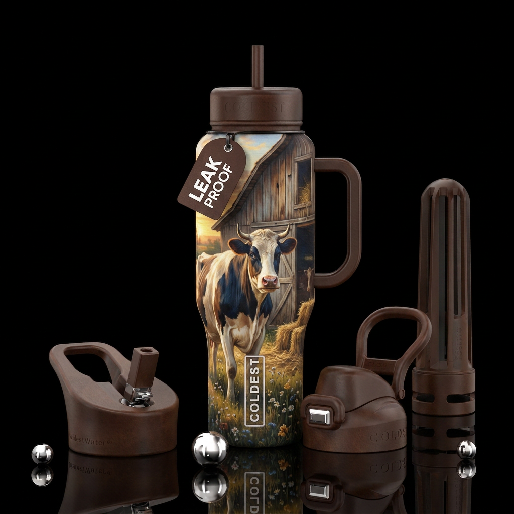 : cow with rustic background water bottle design