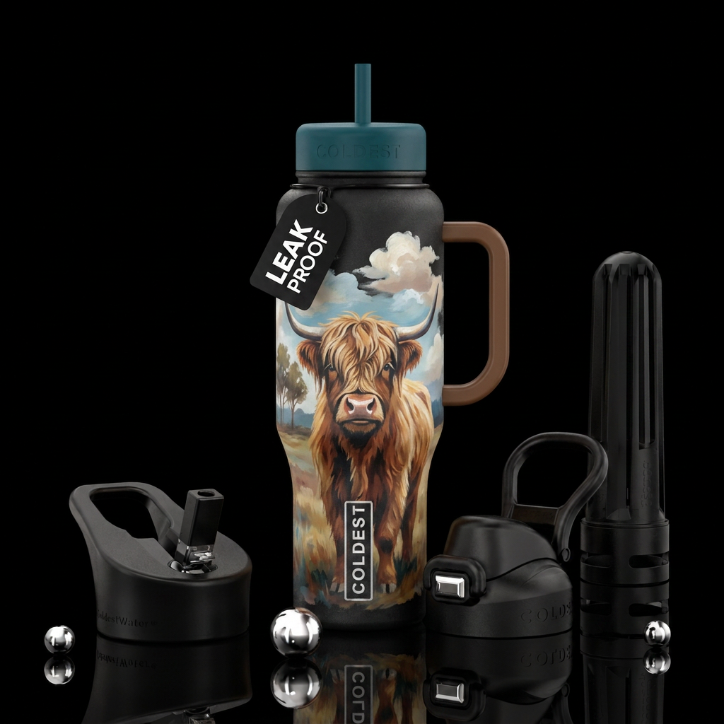 Highland cow,, trees, clouds, painted water bottle design