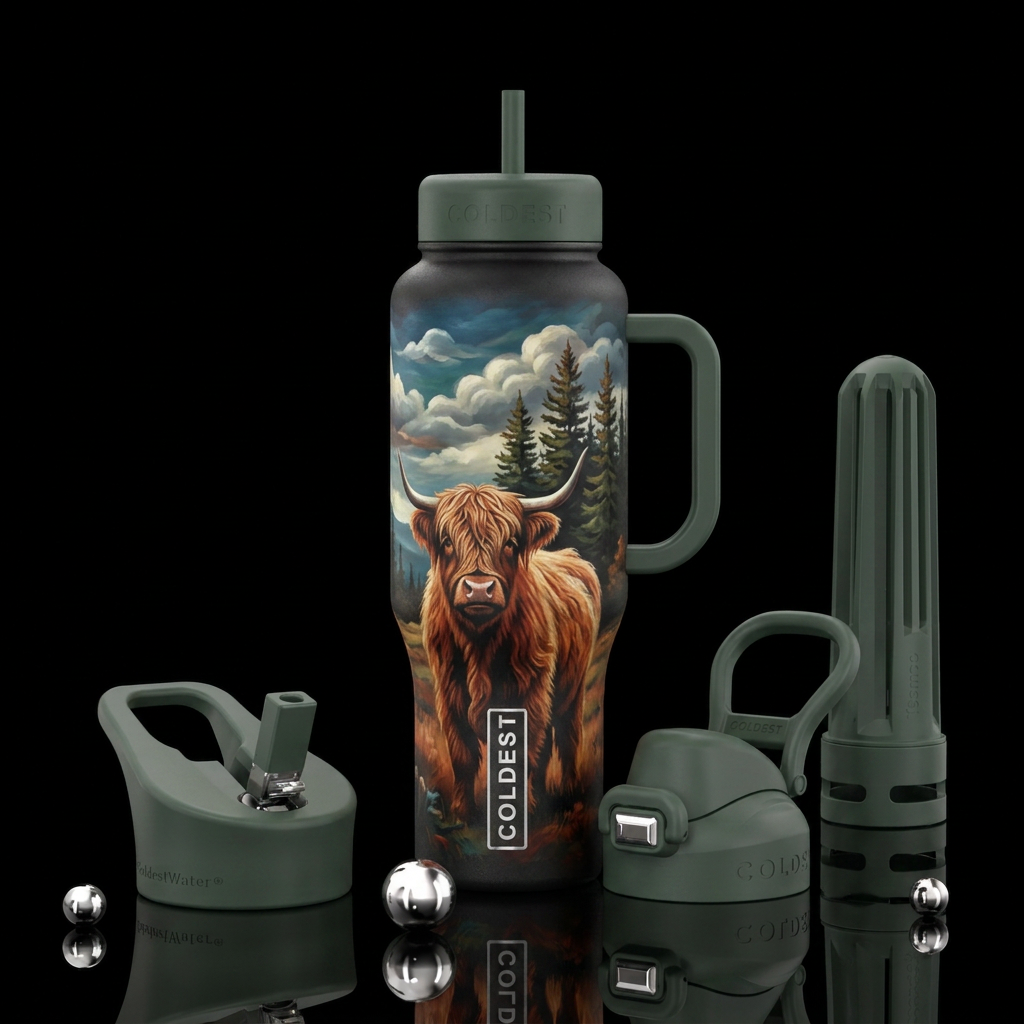 Highland cow,, trees, clouds, painted water bottle design