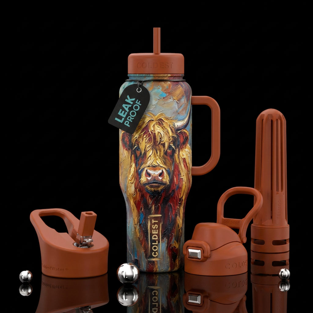rustic,, oil painted, highland cow water bottle design