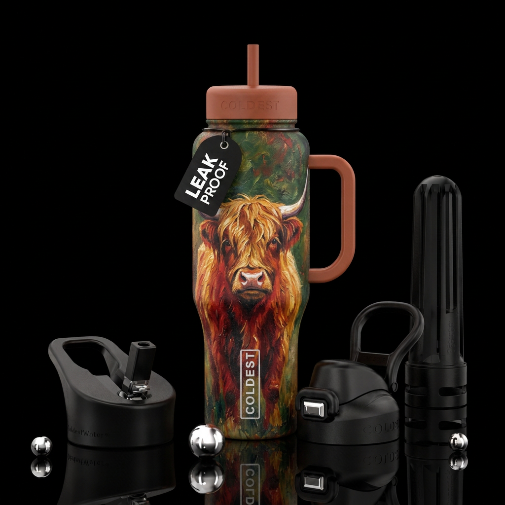 rustic,, oil painted, highland cow water bottle design