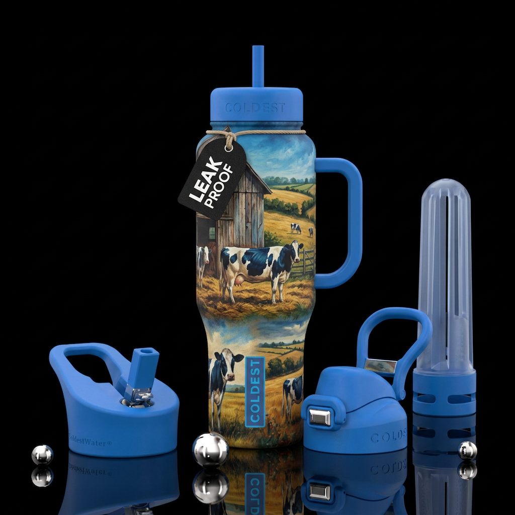 : cow with rustic background water bottle design