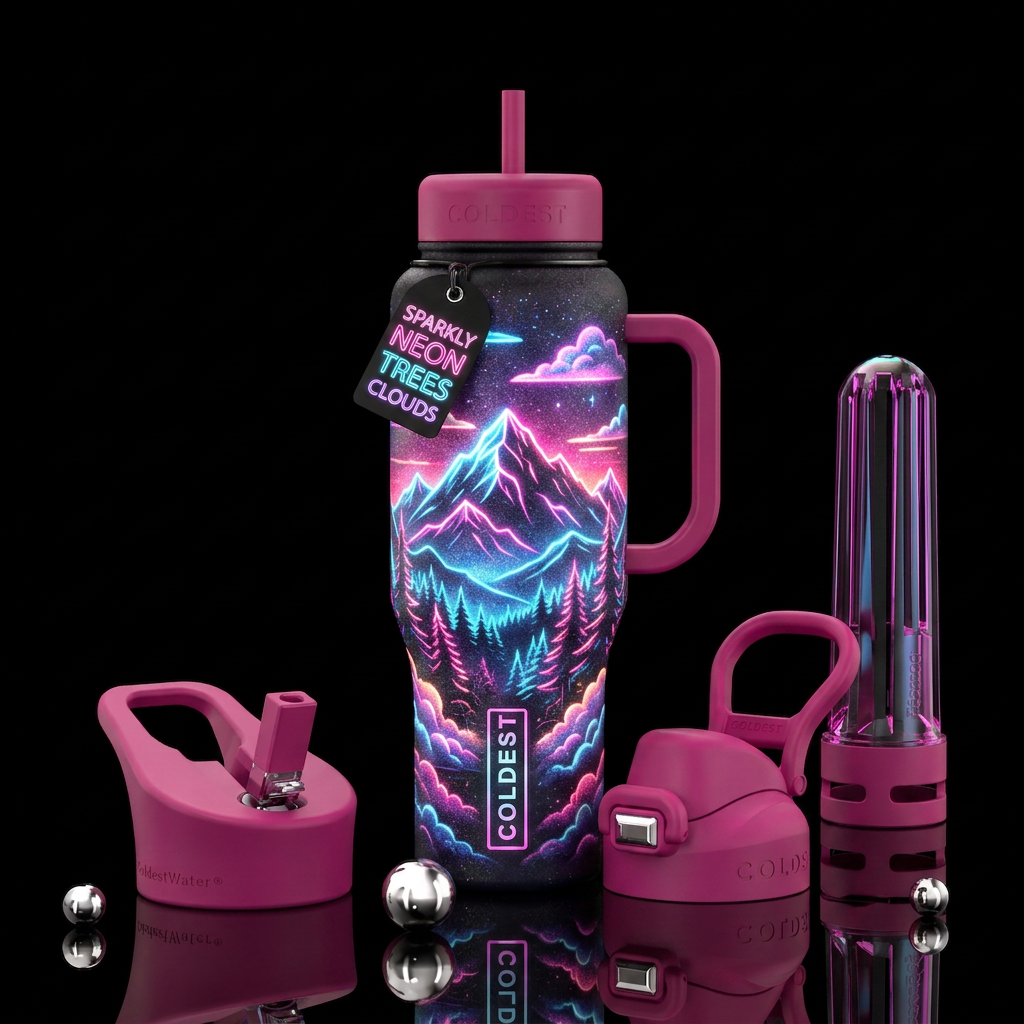 clouds, trees, mountain neon, sparkly water bottle design