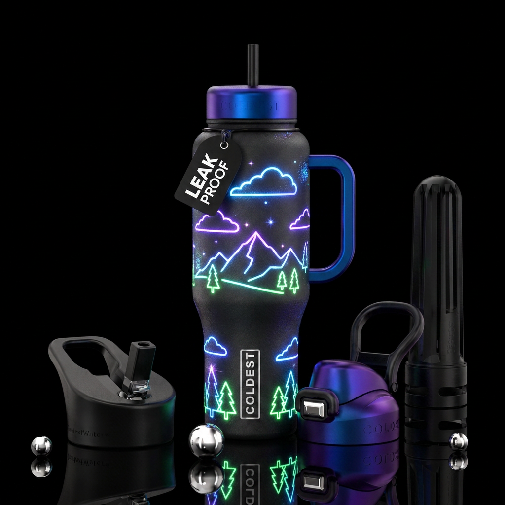 clouds, trees, mountain neon, sparkly water bottle design