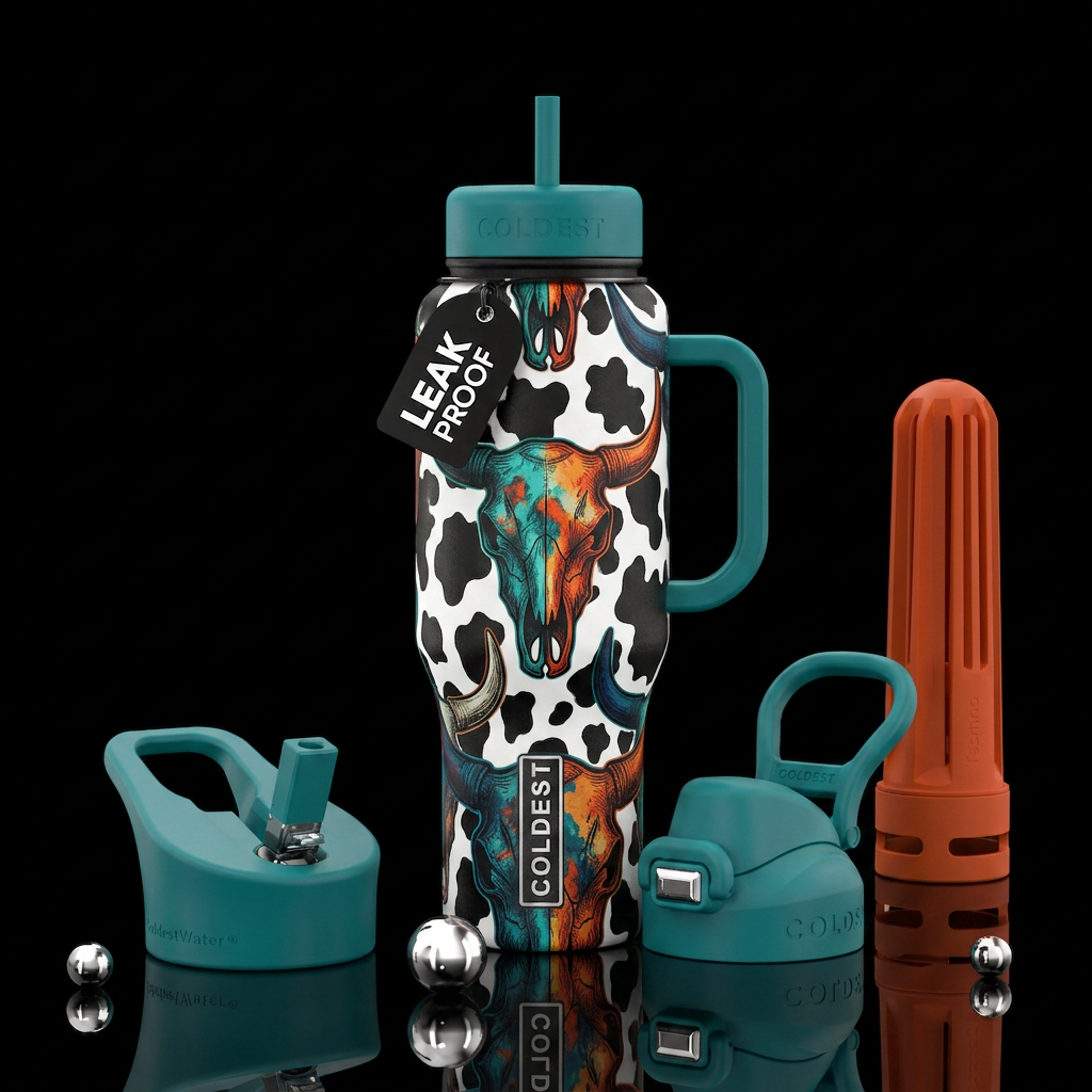 Western skull with cow print, water bottle design