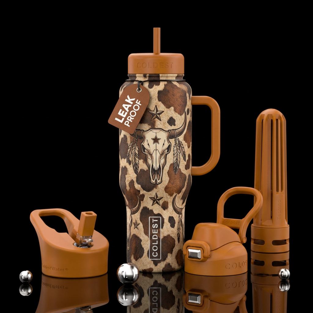Western skull with cow print background water bottle design