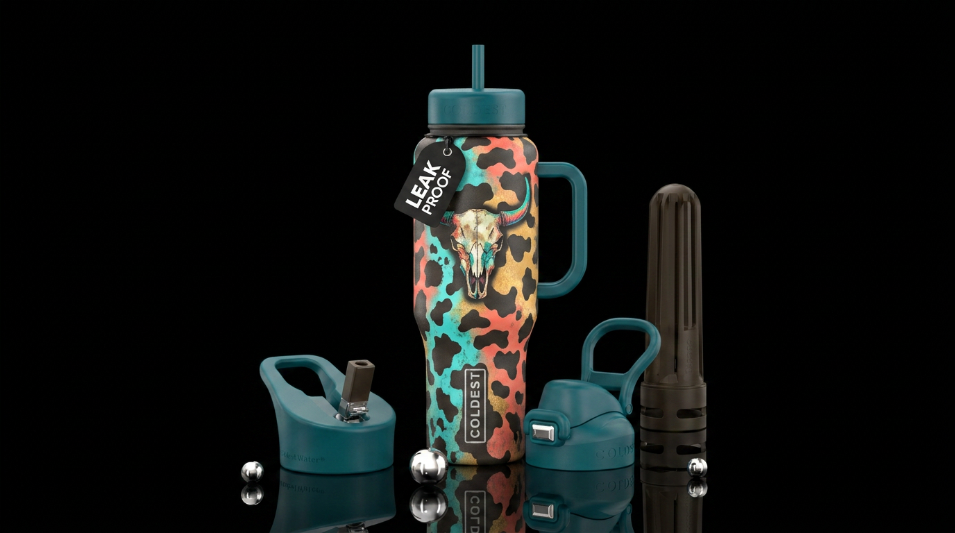 Western skull with cow print background water bottle design