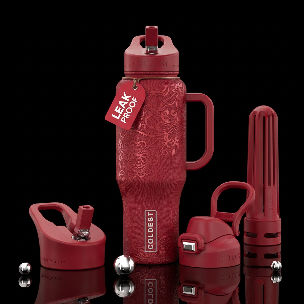 Ruby red backpack with lace water bottle design