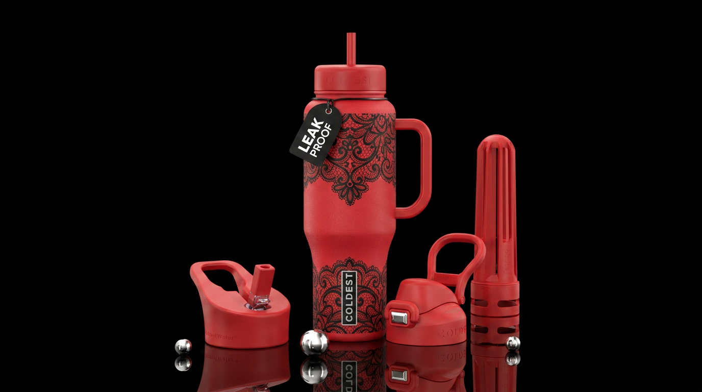 Ruby red backpack with black lace water bottle design