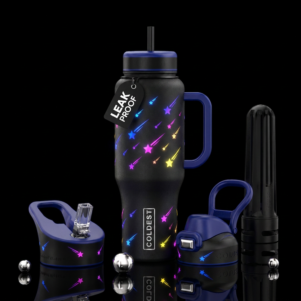 Matte black background with shooting stars that gl... water bottle design