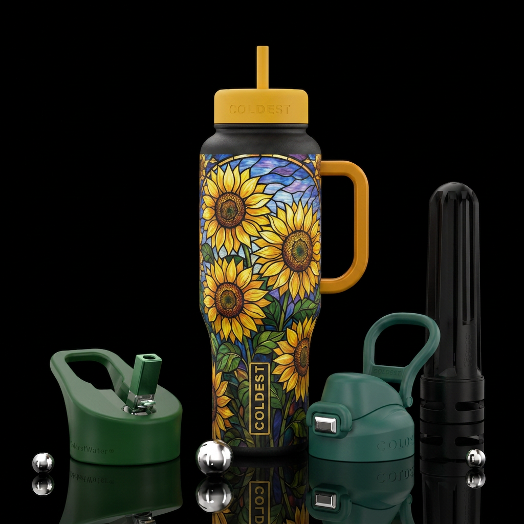 Sunflower, stained glass water bottle design