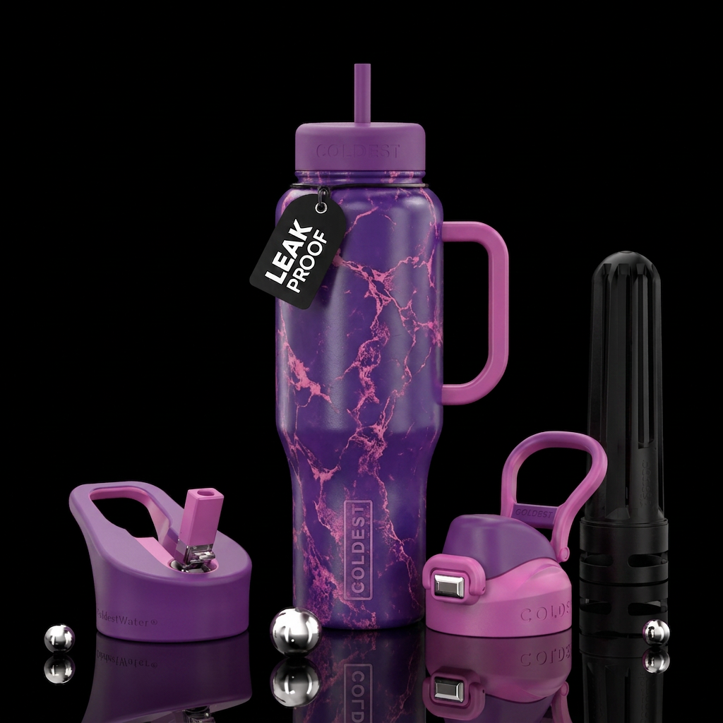 Purple background with pink marbling water bottle design