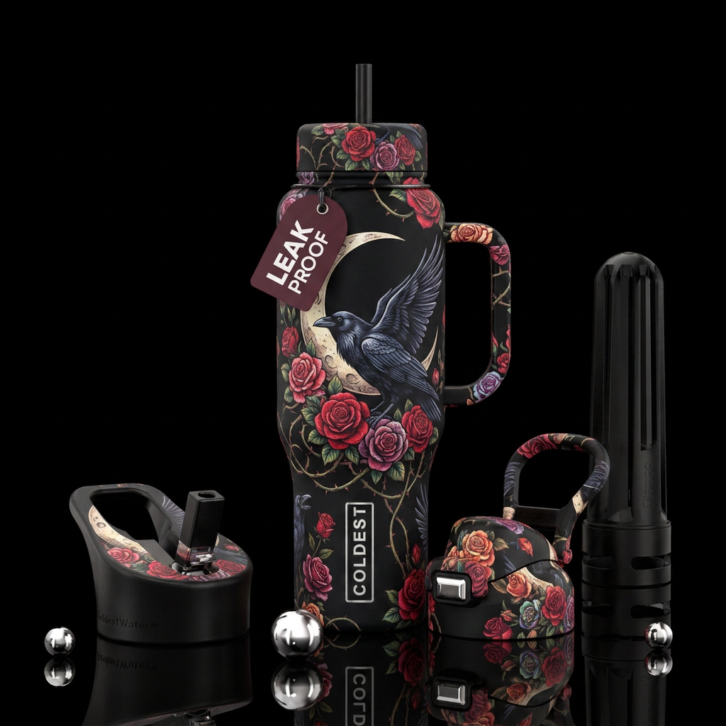 Matte black background with moon crow and roses wi... water bottle design