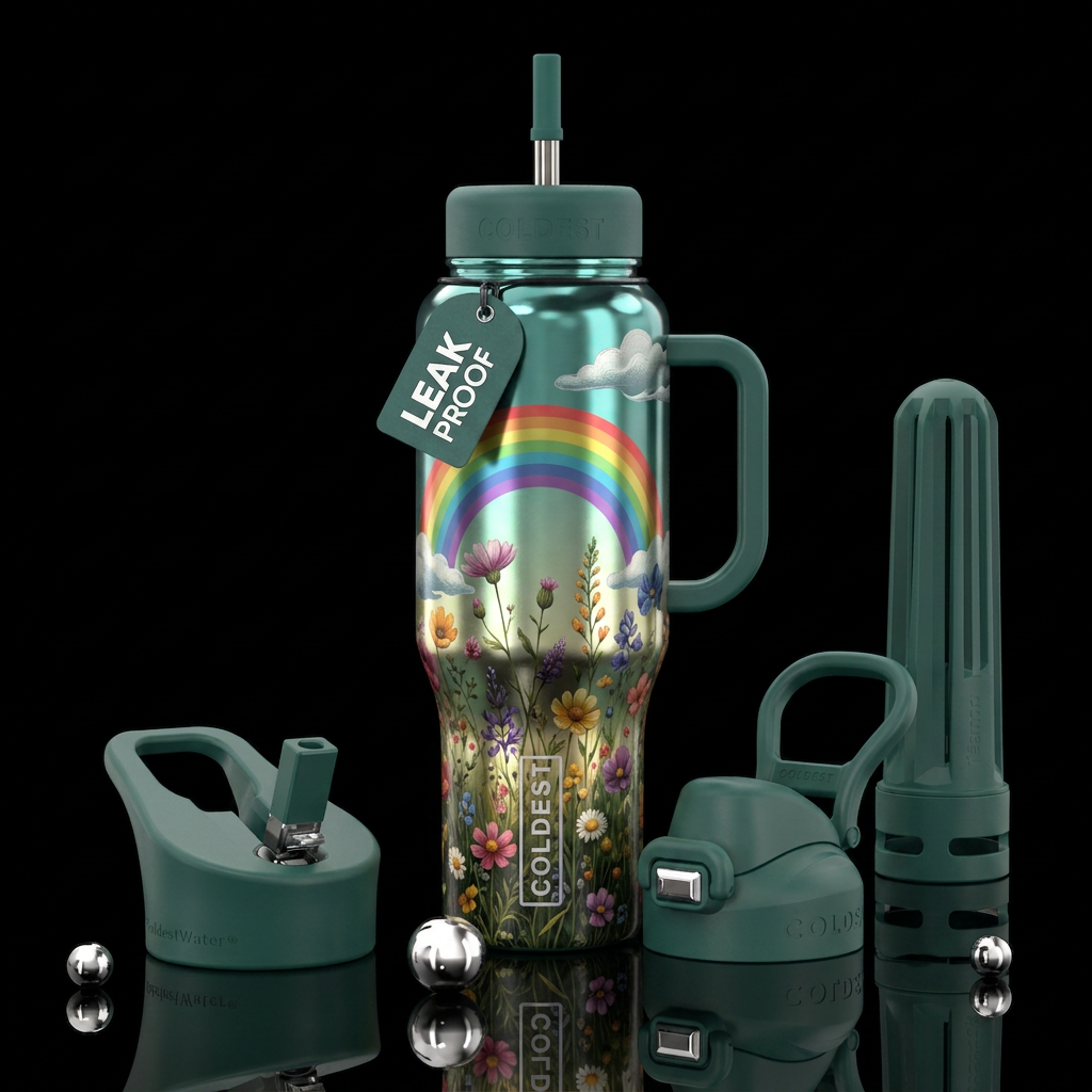 Wild flowers, rainbow, clouds, water bottle design