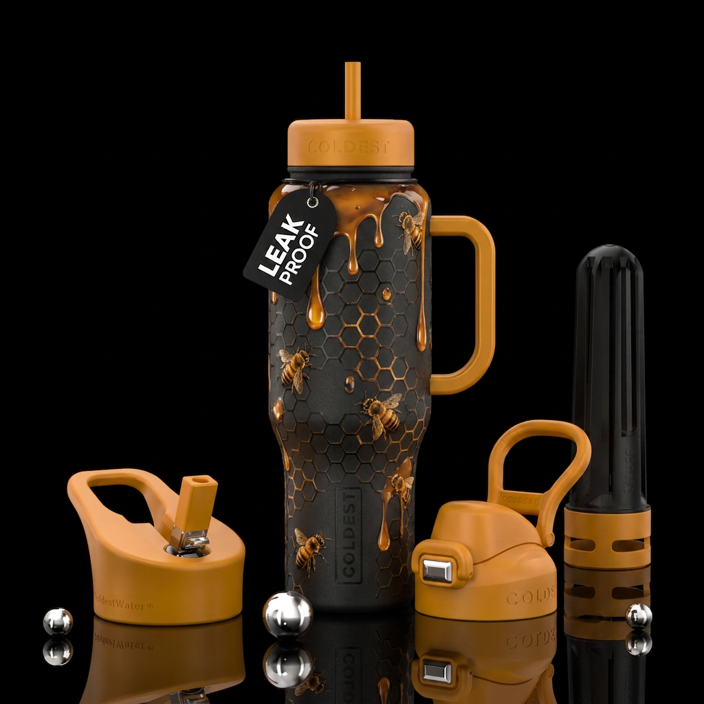 Matte black background with honeycomb bees and dri... water bottle design