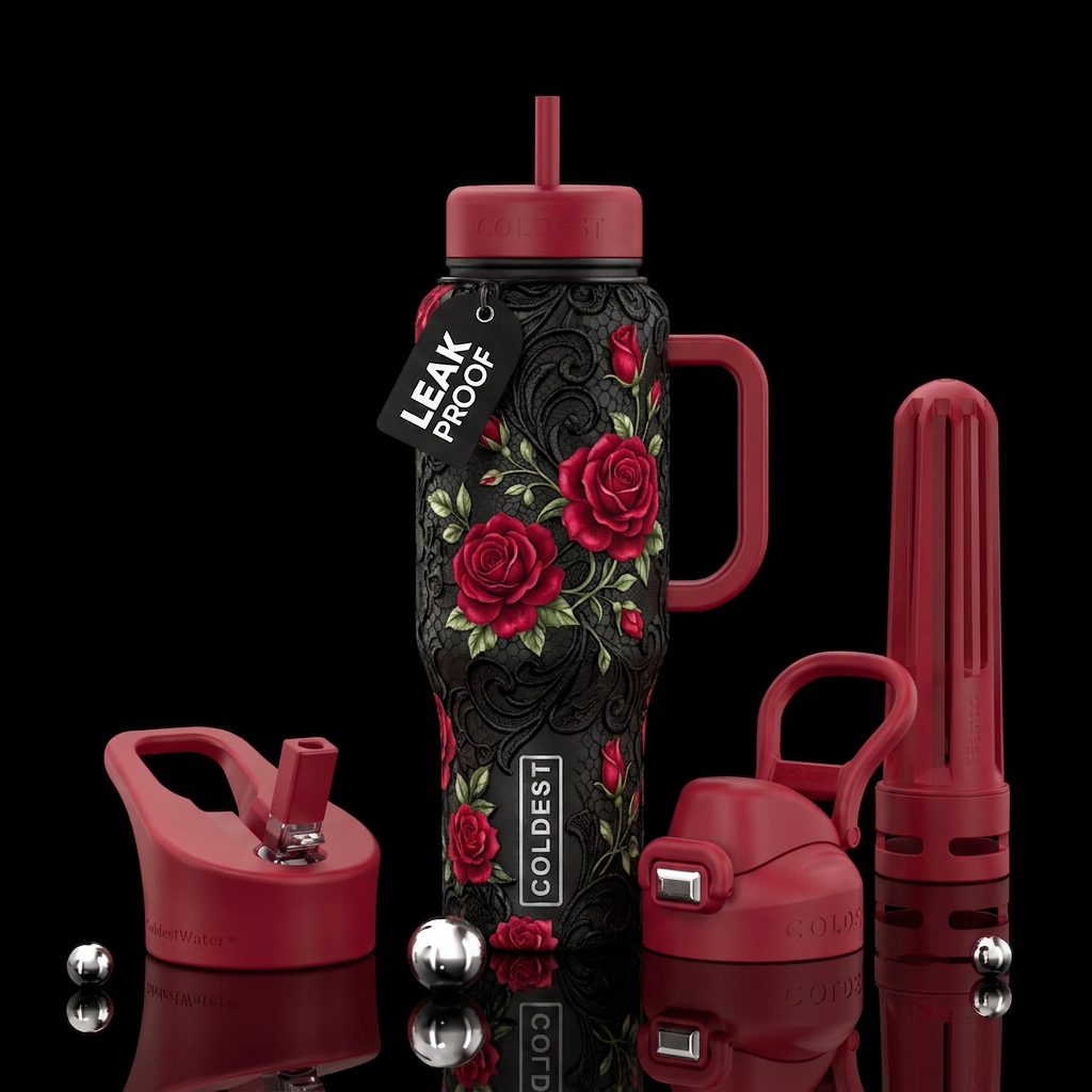 Matte black background with ruby red roses and lac... water bottle design