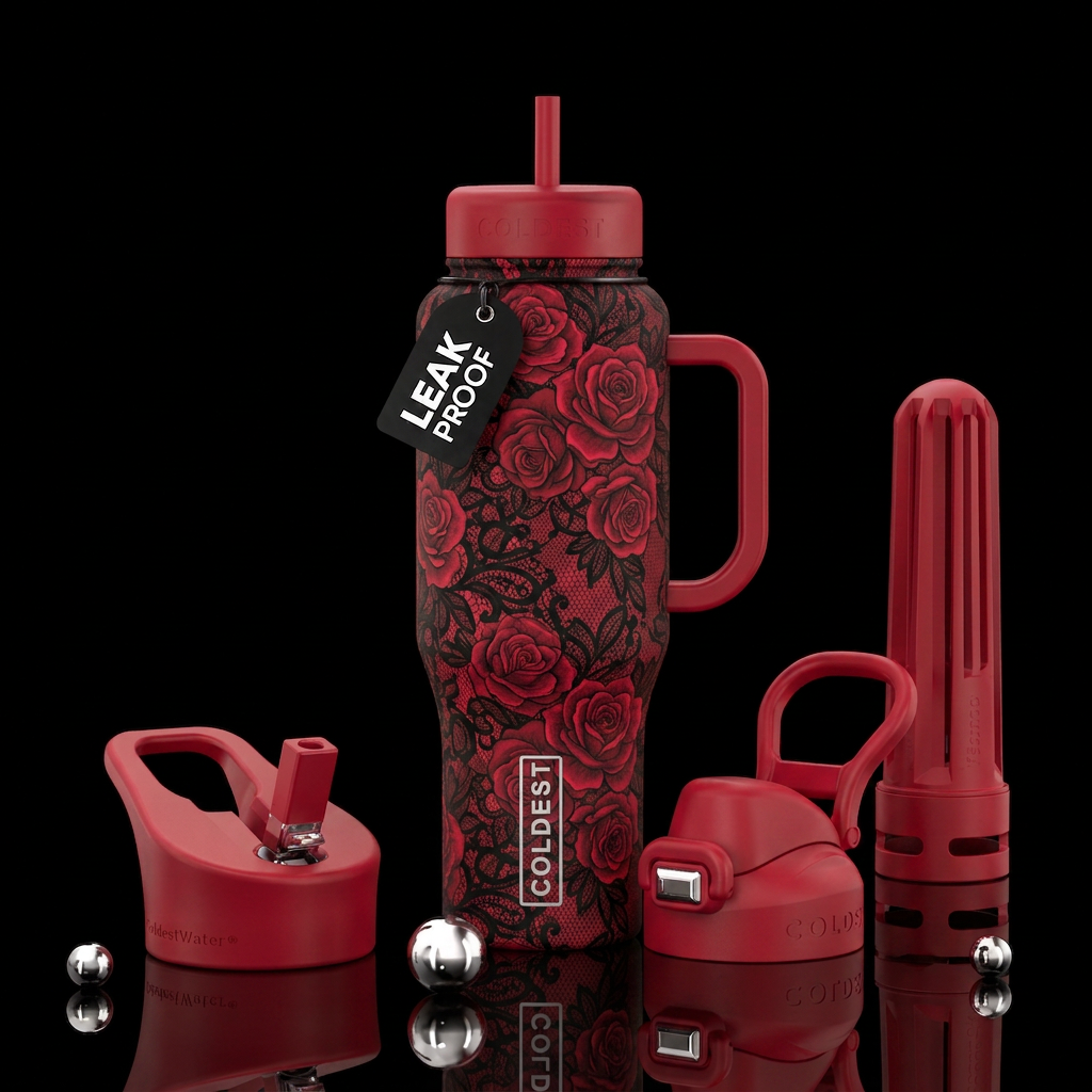 Matte black background with ruby red roses and lac... water bottle design