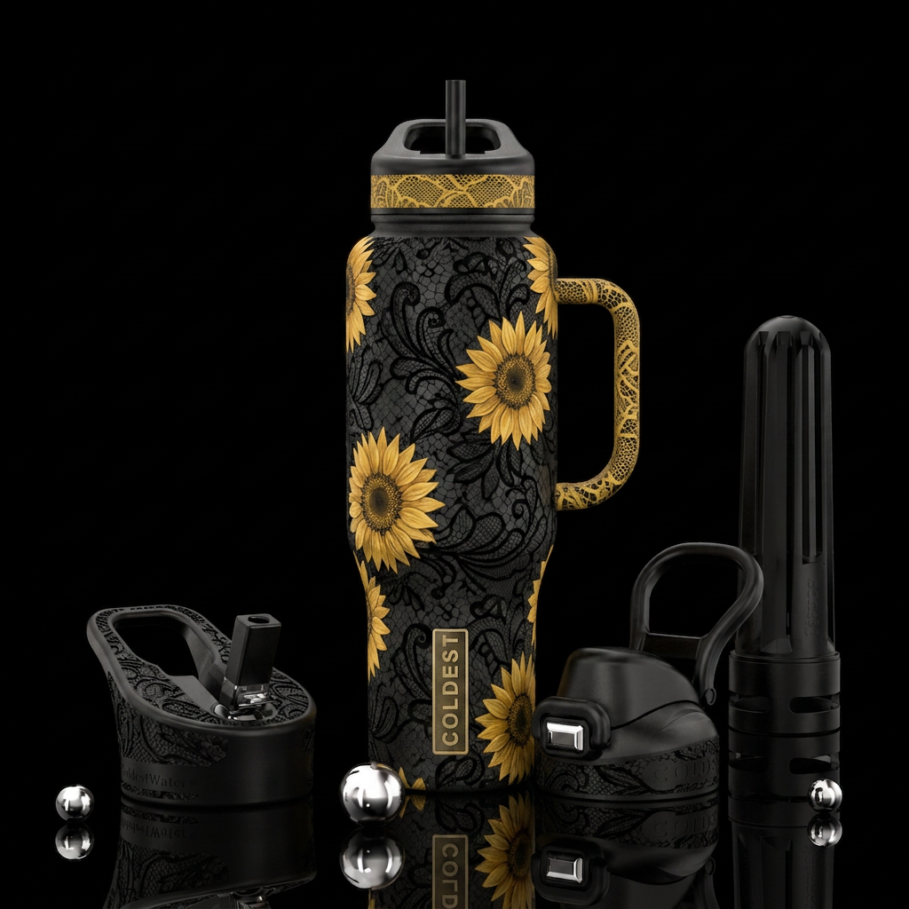 Matte black background with sunflower and lace water bottle design