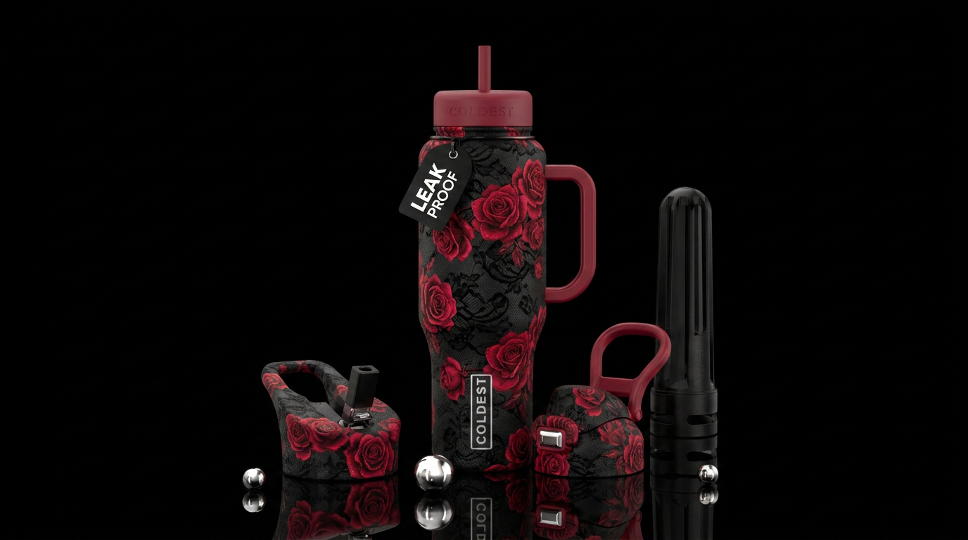 Matte black background with ruby red roses and lac... water bottle design