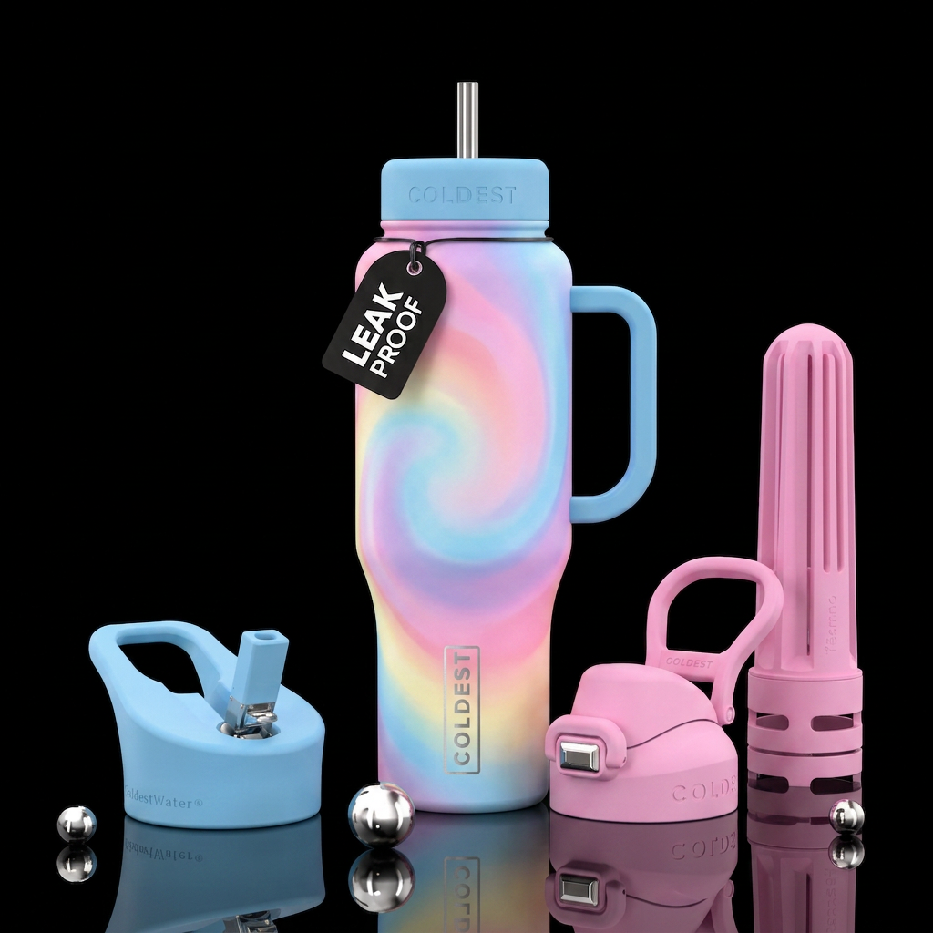 Cotton candy rainbow swirl water bottle design