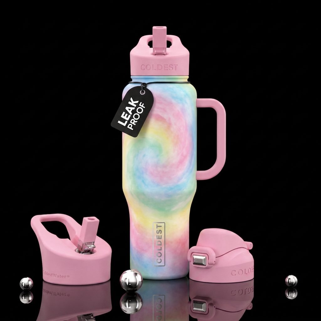 Cotton candy rainbow swirl water bottle design