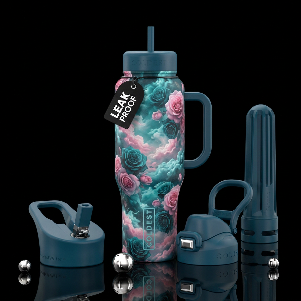 Teal rose garden clouds water bottle design