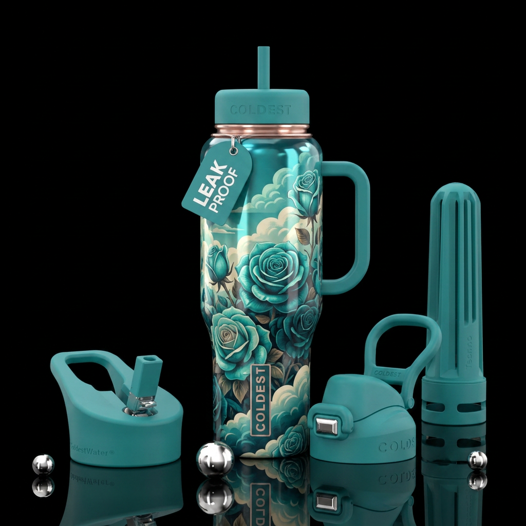 Teal rose garden clouds water bottle design