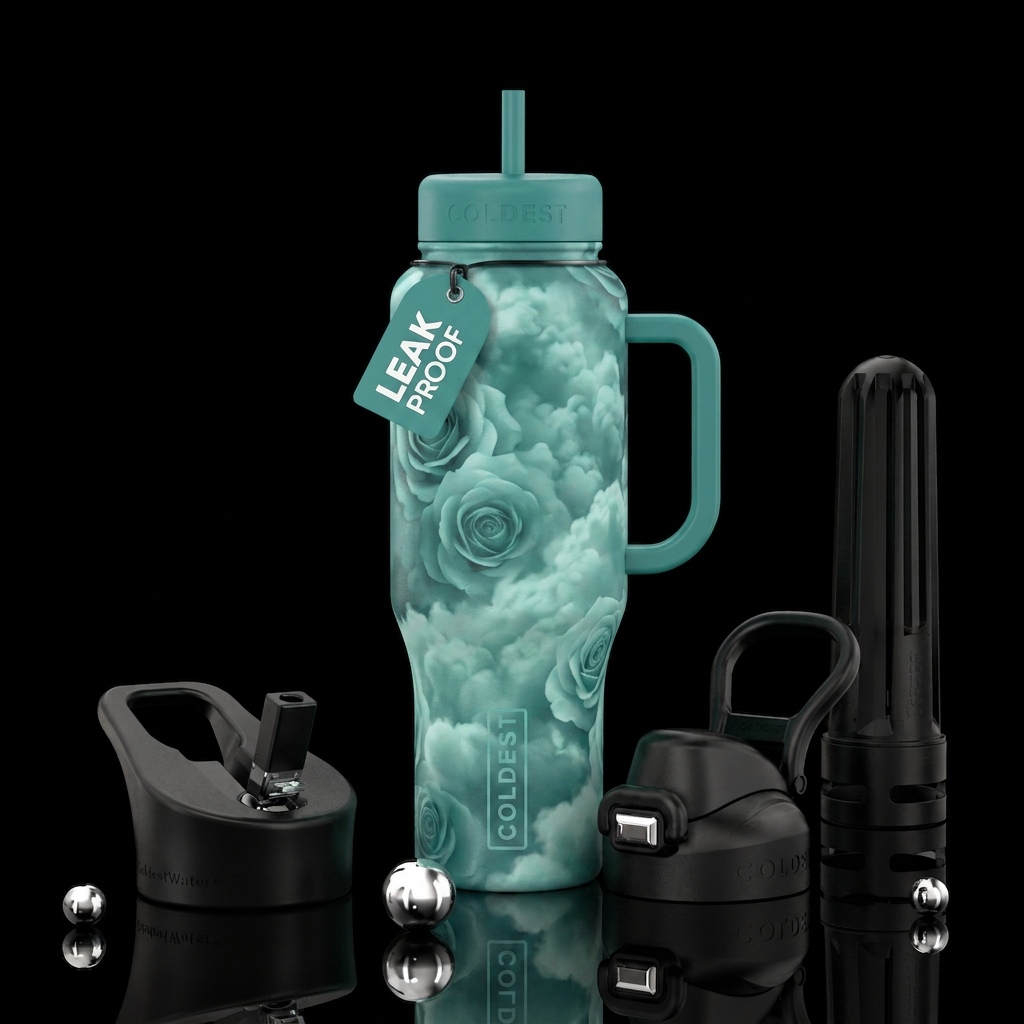 Teal rose garden clouds water bottle design